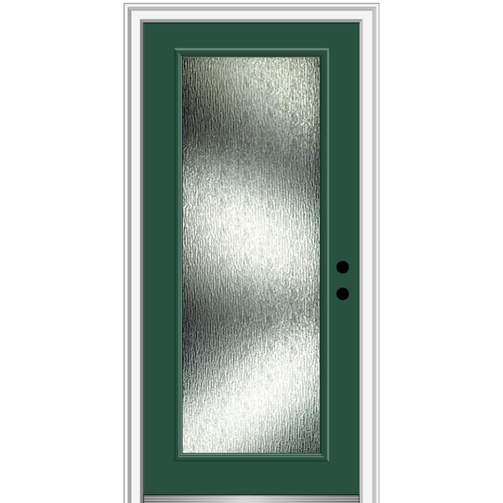 36 in. x 80 in. Left-Hand Inswing Rain Glass Hunter Green Fiberglass Prehung Front Door on 4-9/16 in. Frame