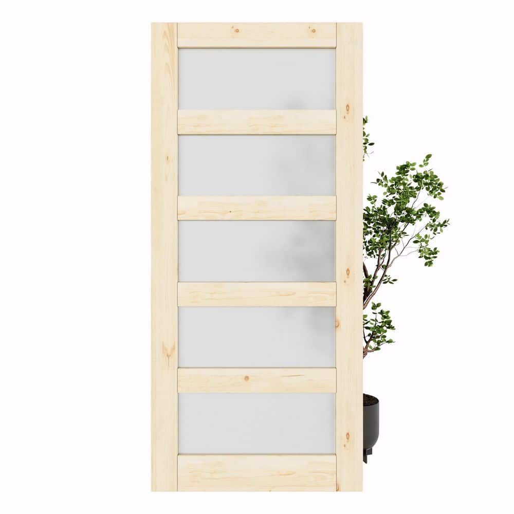 36 in. x 80 in. Unfinished Solid Core Pine Wood 5-Lite Tempered Frosted Glass Interior Door Slab