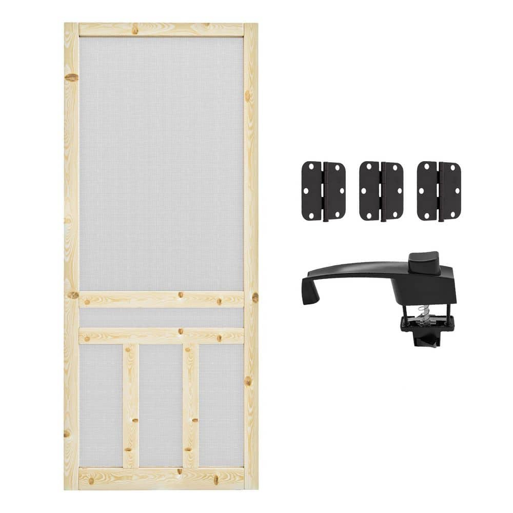36 in. x 80 in. Universal Unfinished Pine Vertical Slat Screen Door with Lock-Classic 3-Bar Style Gauze Mesh Hinged Door