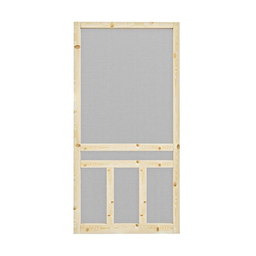 36 in. x 80 in. Universal Unfinished Pine Wood Vertical Slat Screen Door-Classic 3 Bar Style Gauze Mesh Hinged Door