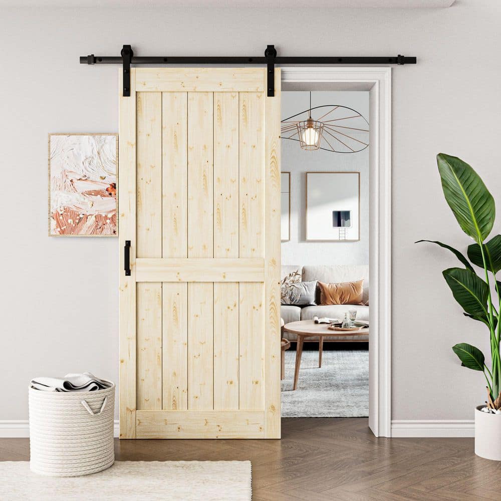 36 in. x 84 in. Paneled H Shape Solid Core Pine Unfinished Wood Sliding Barn Door Slab with Hardware Kit and Soft Close