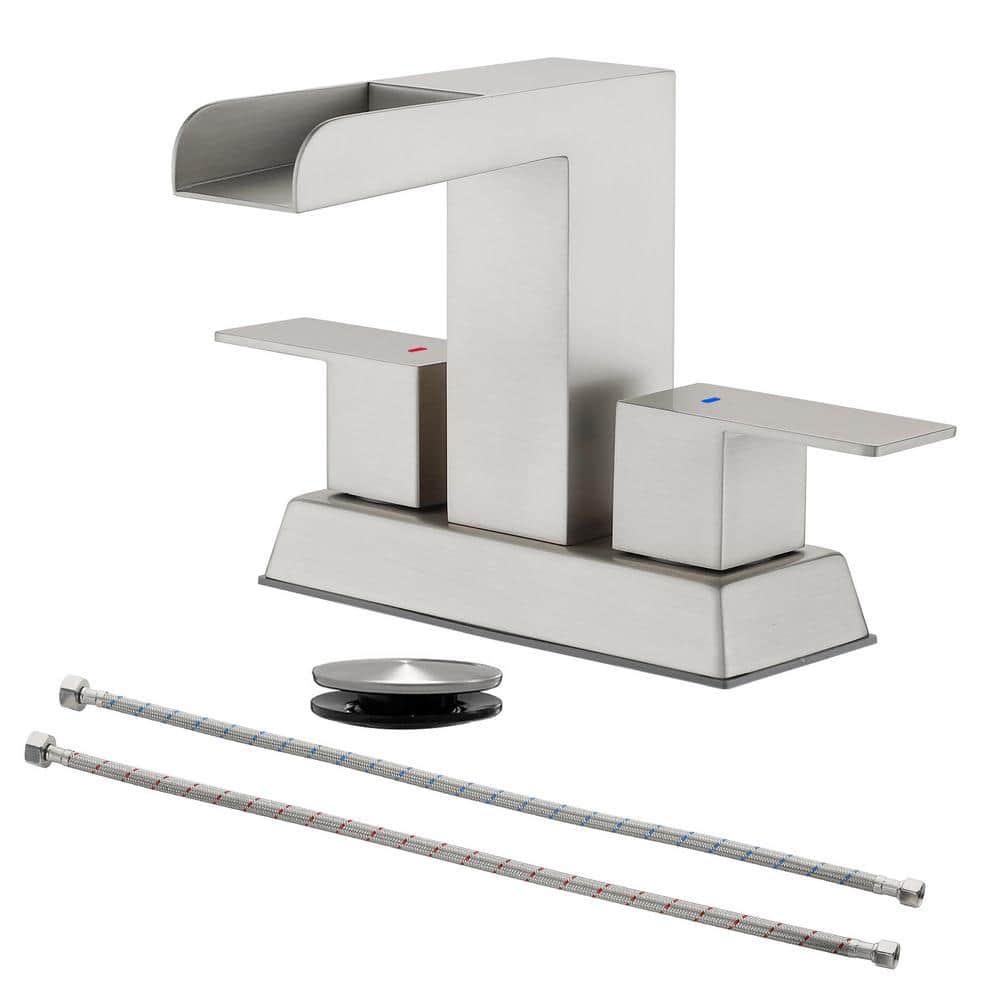 4 in. Centerset Double Handle Waterfall Bathroom Faucet with Drain Assembly Stainless Steel Sink Taps in Brushed Nickel