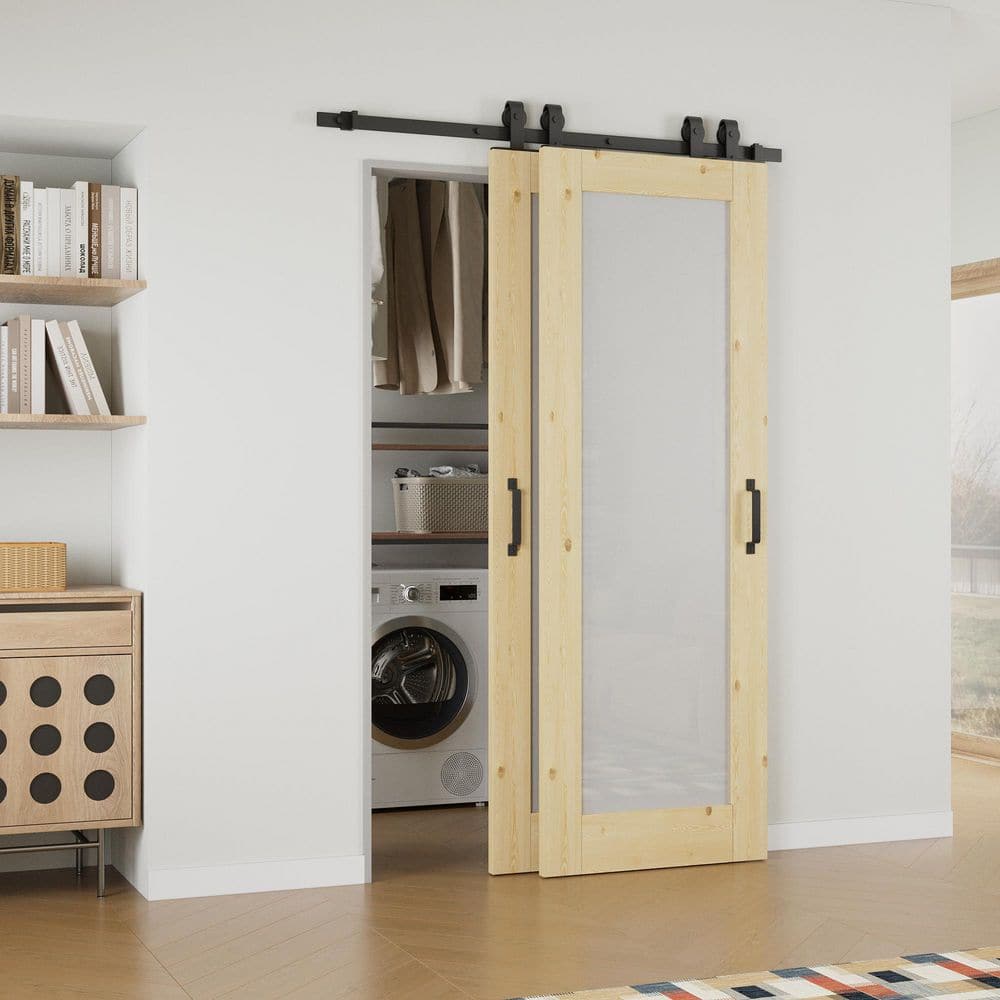48 in. x 80 in. 1-Lite Frosted Glass Unfinished Solid Core Pine Wood Sliding Barn Door with Hardware Kit Bypass