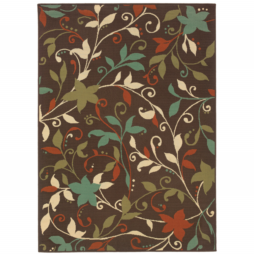 507274 6 x 9 ft. Brown Floral Stain Resistant Indoor & Outdoor Rectangle Area Rug