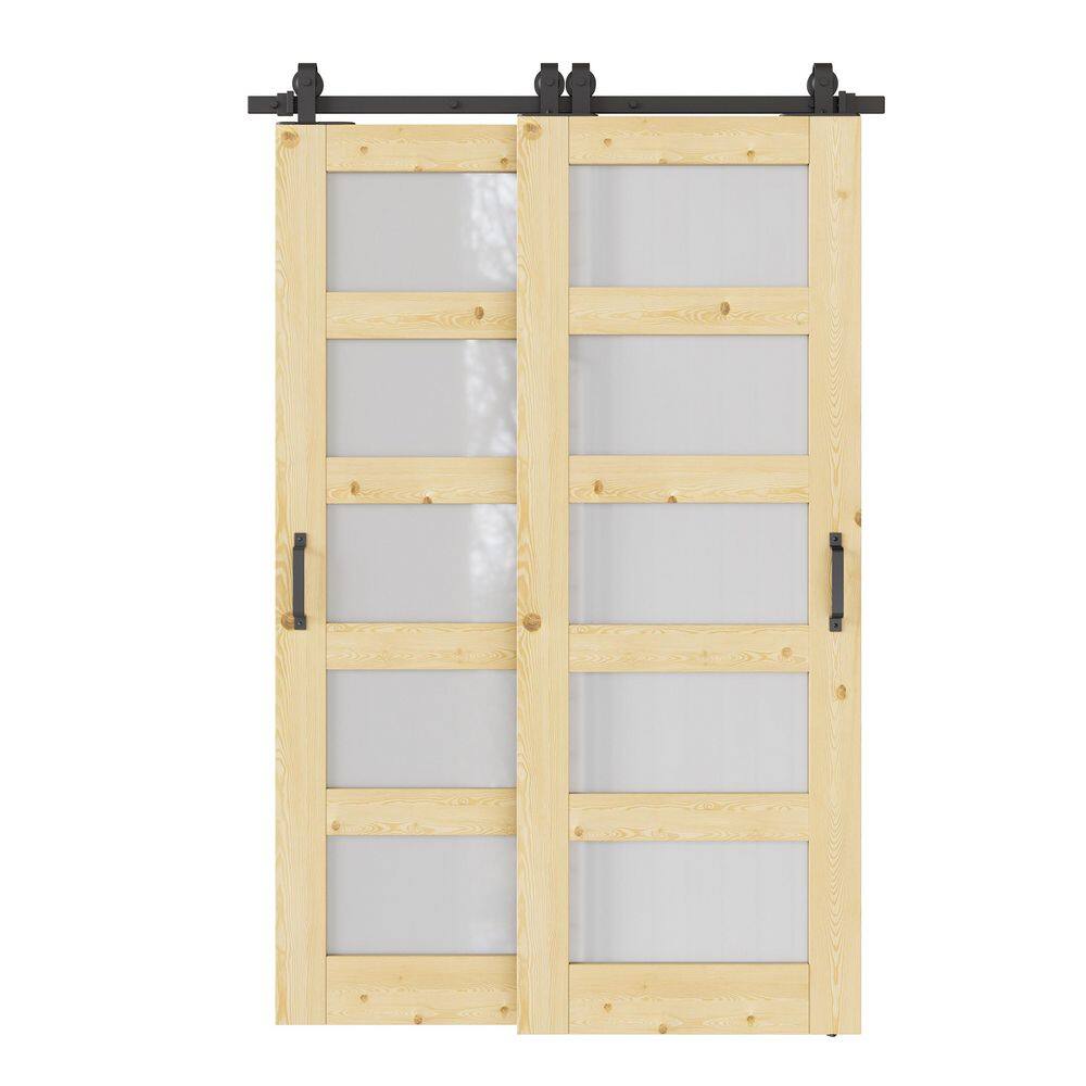 52 in. x 80 in. (Double 30 in.) 5-Lite Frosted Glass Unfinished Pine Wood Sliding Barn Door with Hardware Kit Bypass