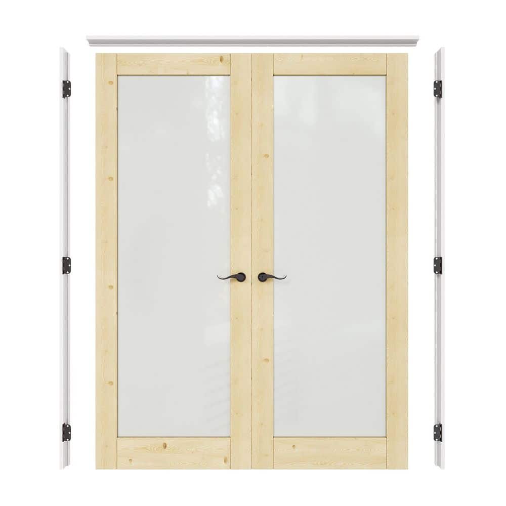 56 in. x 80 in. 1 Lite Frosted Glass Unfinished Pine Solid Wood Double Prehung French Door with Quick Assemble Jamb