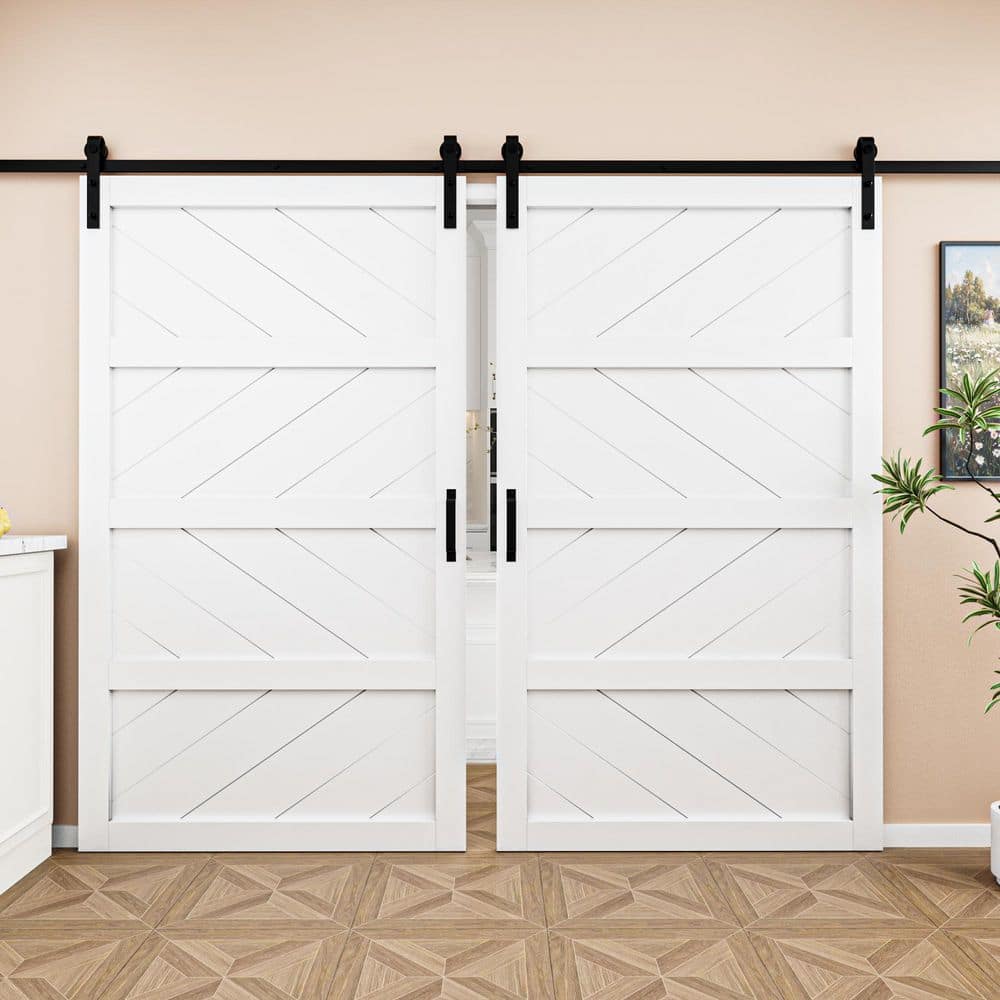 60 in. x 84 in. White 4 Lite Wave Pattern Finished MDF Sliding Barn Door with Hardware Kit and Soft Close