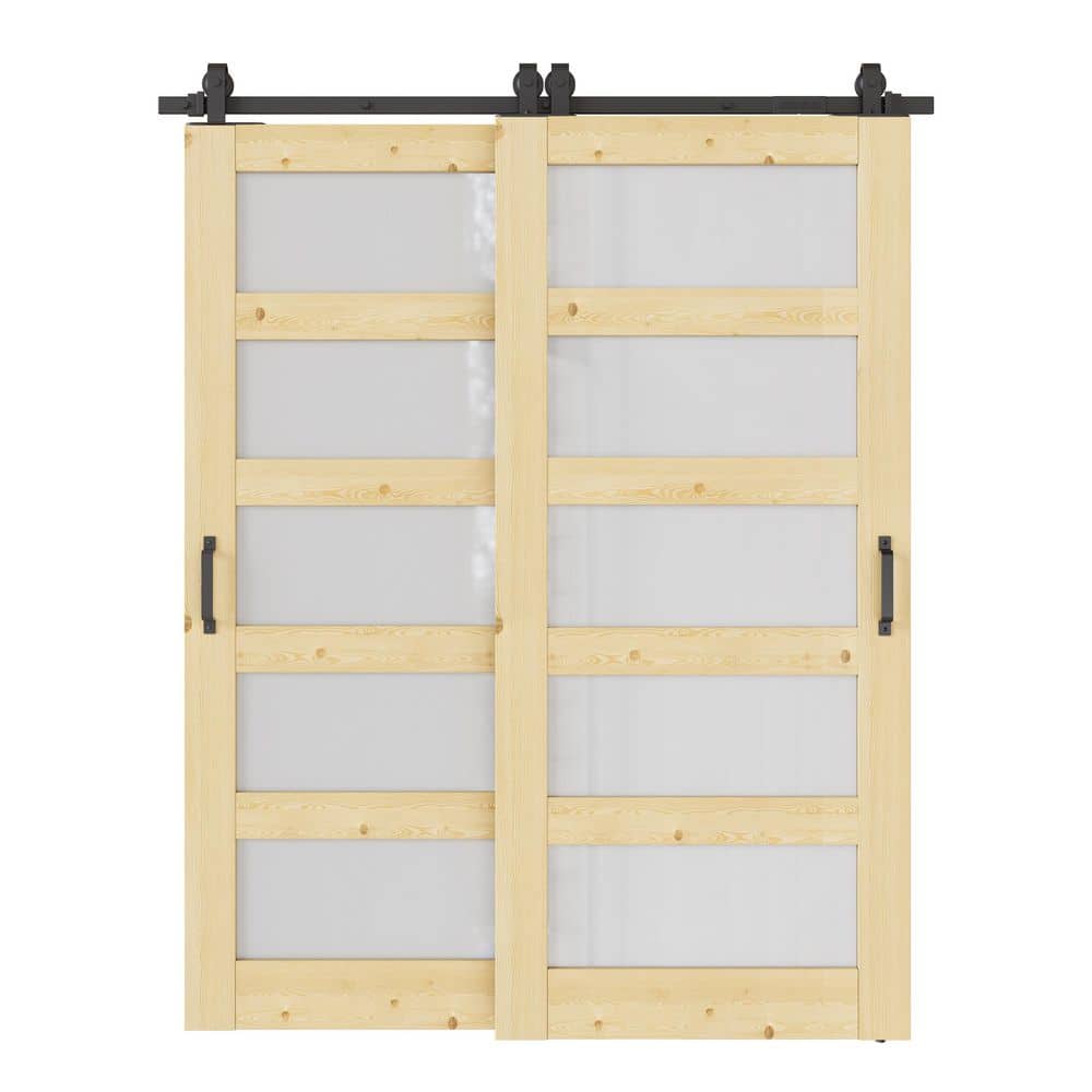 64 in. x 80 in. (Double 36 in.) 5-Lite Frosted Glass Unfinished Pine Wood Sliding Barn Door with Hardware Kit Bypass