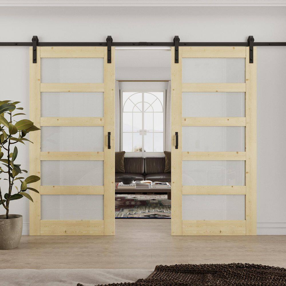 72 in. x 80 in. 5-Lite Frosted Glass Unfinished Glass Sliding Barn Door with Hardware Kit