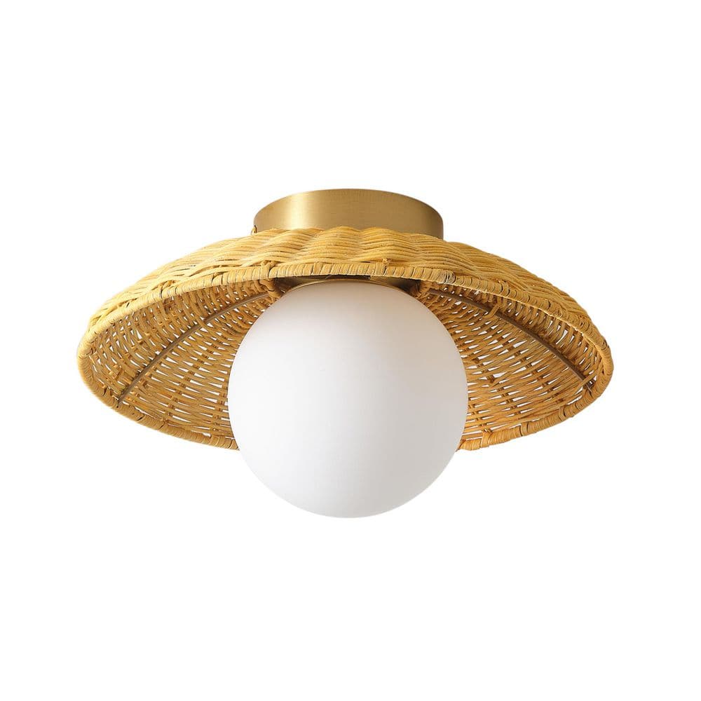 Farmhouse Boho 13.19 in. 1-Light Semi-Flush Mount Rattan Close to Ceiling Light