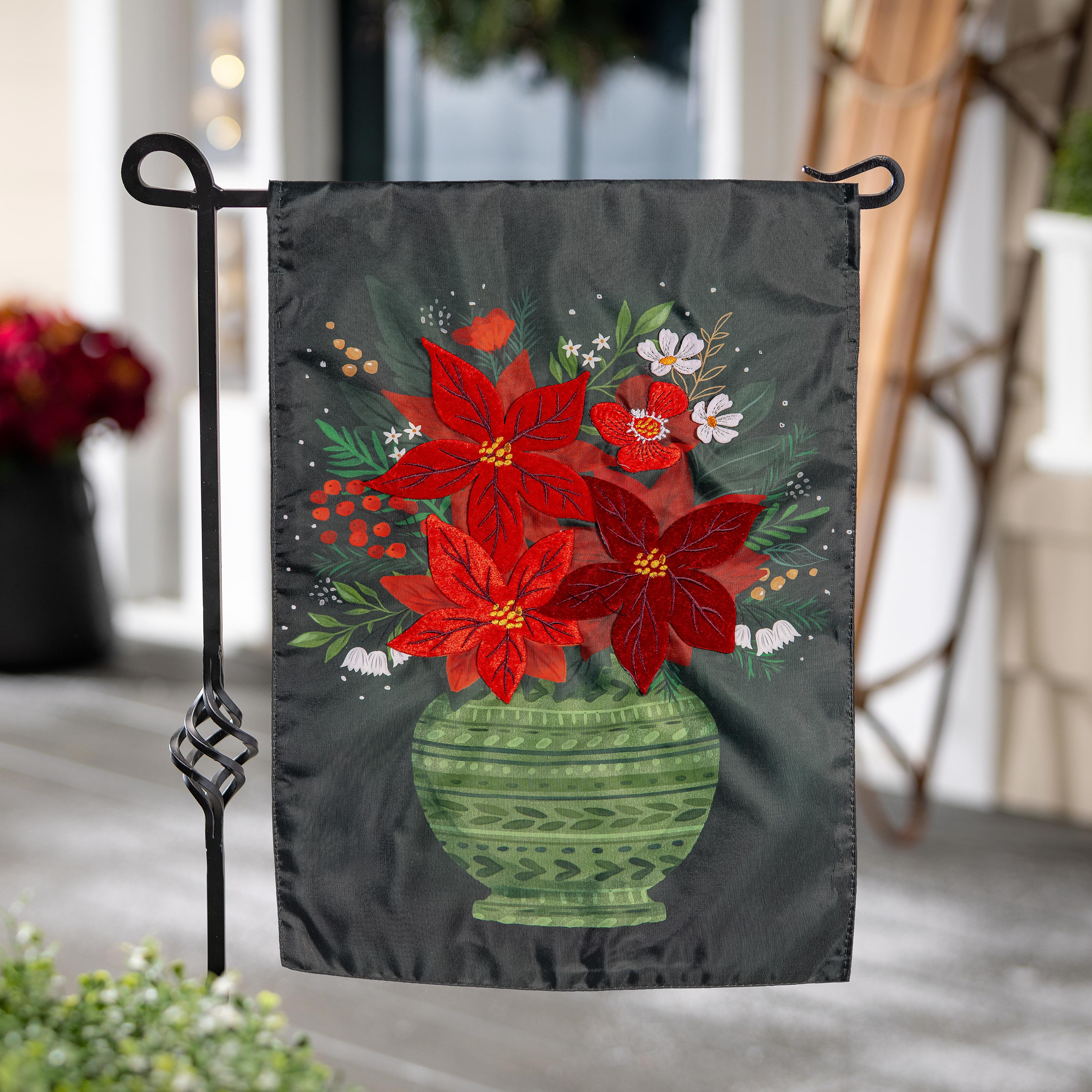 Floral Poinsettia Vase Applique Garden Flag
