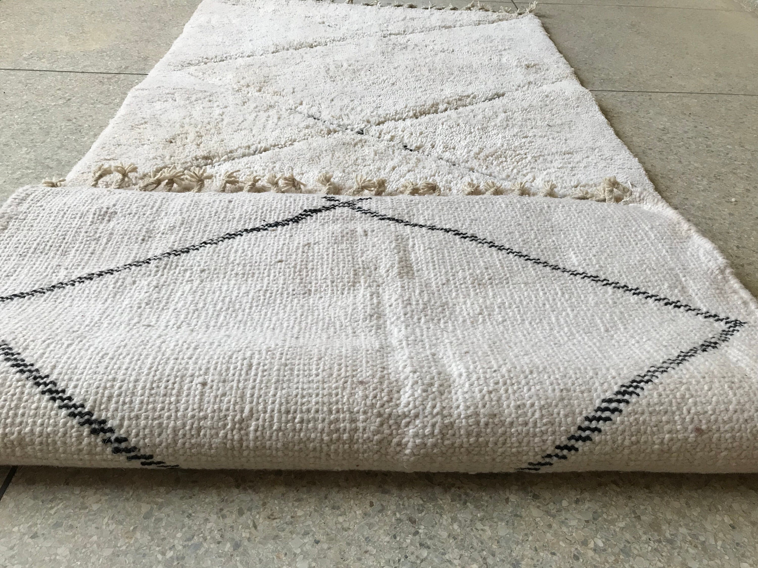 Geometric Hallway Rug, Black & White Wool Runner, Moroccan Beni Ourain Style Rug, Handmade Berber Shag Custom Size Fluffy Rug