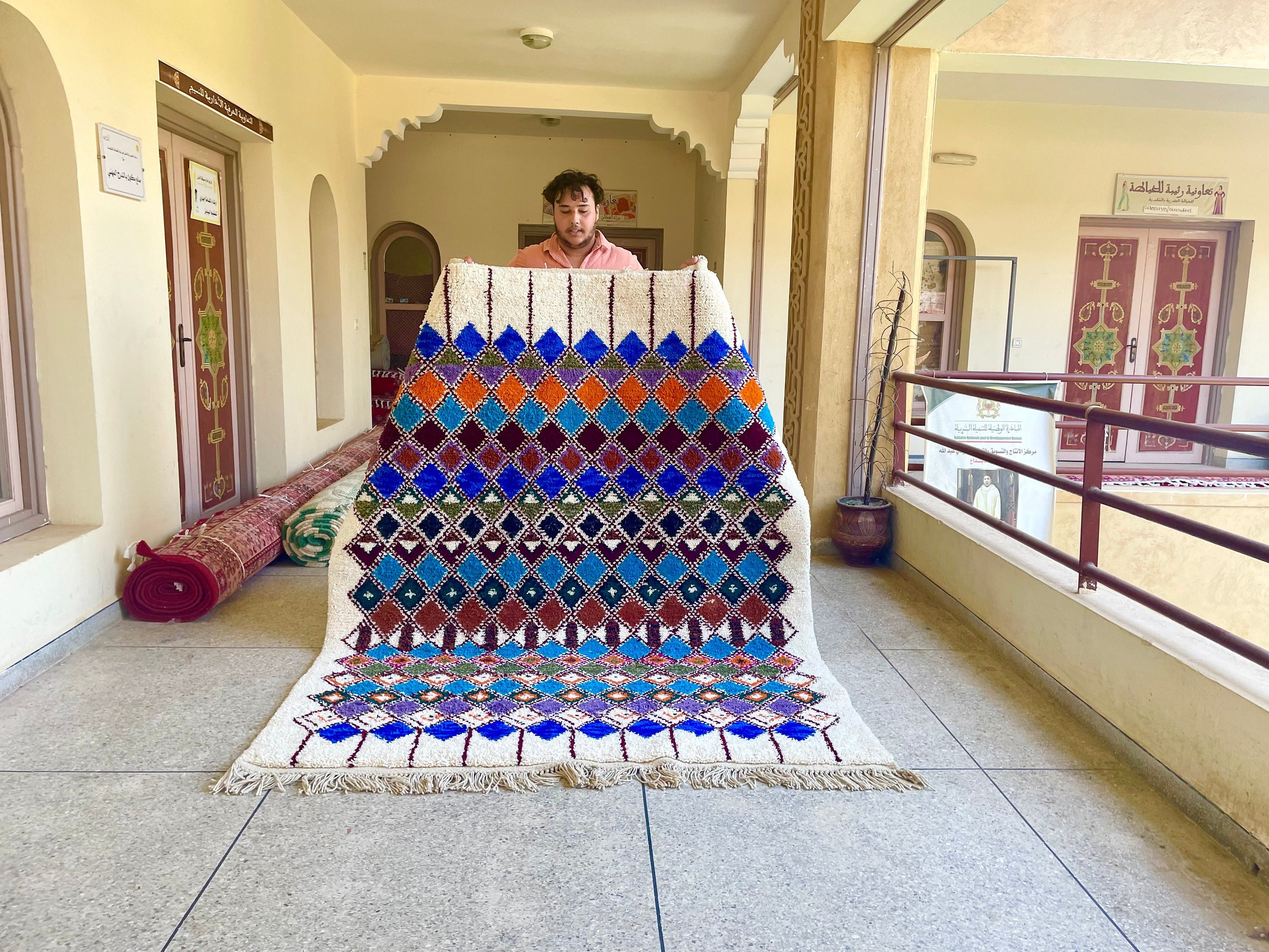 Geometric Moroccan Rug - Blue Multicolor Beni Ourain Wool Carpet | Bohemian Handwoven Area Custom Made Berber