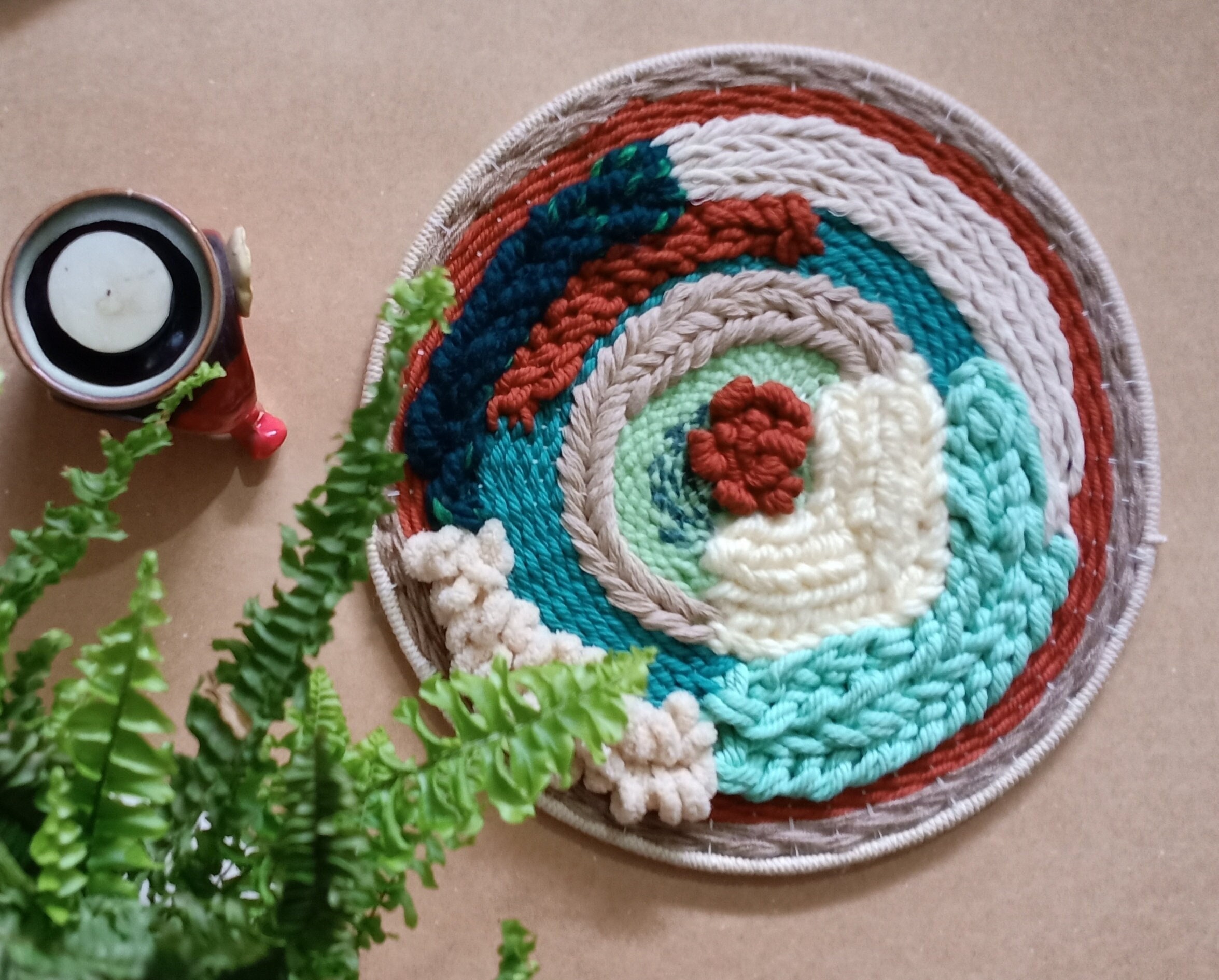 Handwoven Circular Fiber Art Modern Loom Weaving Wall Decor, Textured Art, Woven Painting, Contemporary