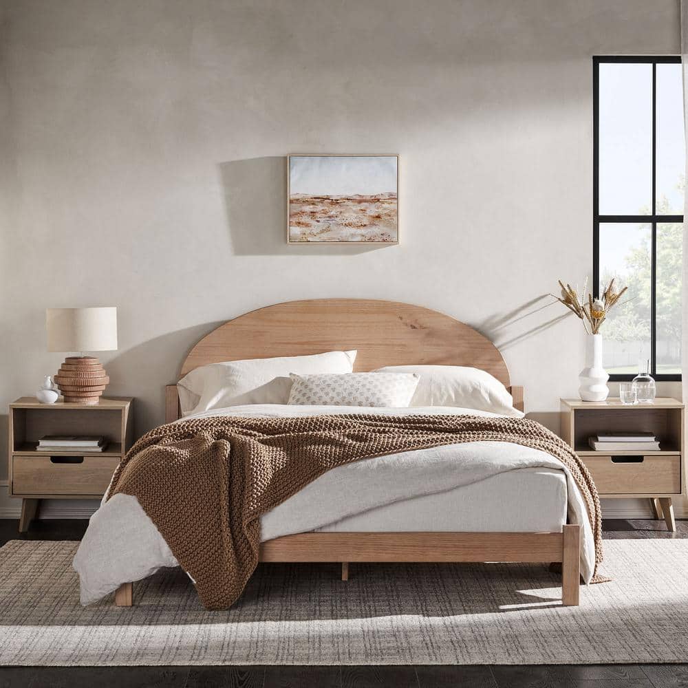 Modern Beige Solid Wood Frame Queen Platform Bed with Elegant Curved Headboard