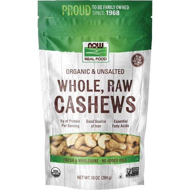 NOW Foods Certified Organic Whole, Raw Cashews - Unsalted | 10 oz Package