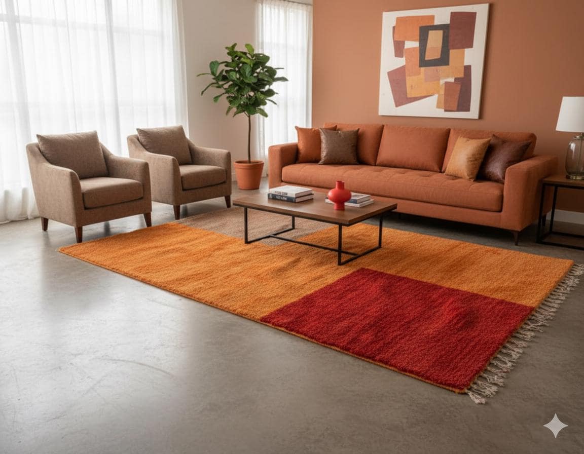 Orange Moroccan Rug, Handmade Beni Ourain Rug, Authentic Berber Wool Large Orange Area Abstract Bohemian Rug, Winter Rug