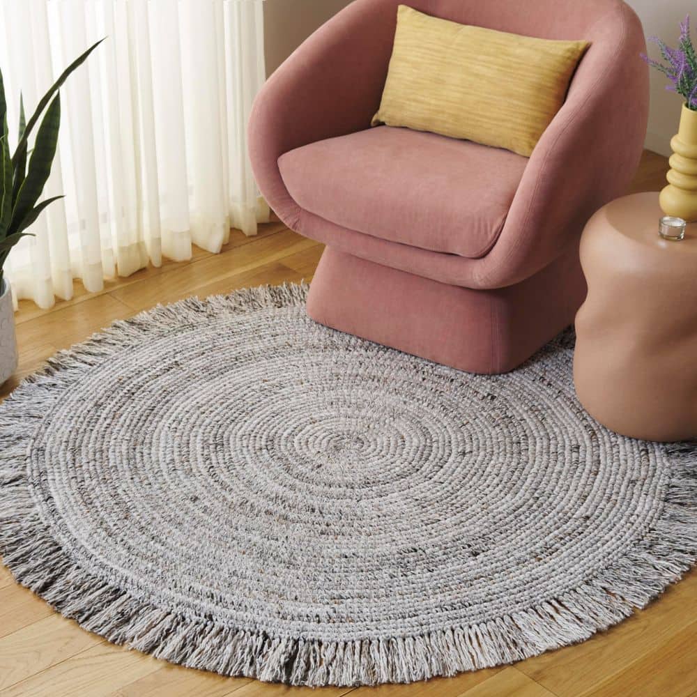 Renewal 4 ft. x 4 ft. Ivory/Gray Woven Fringe Round Area Rug