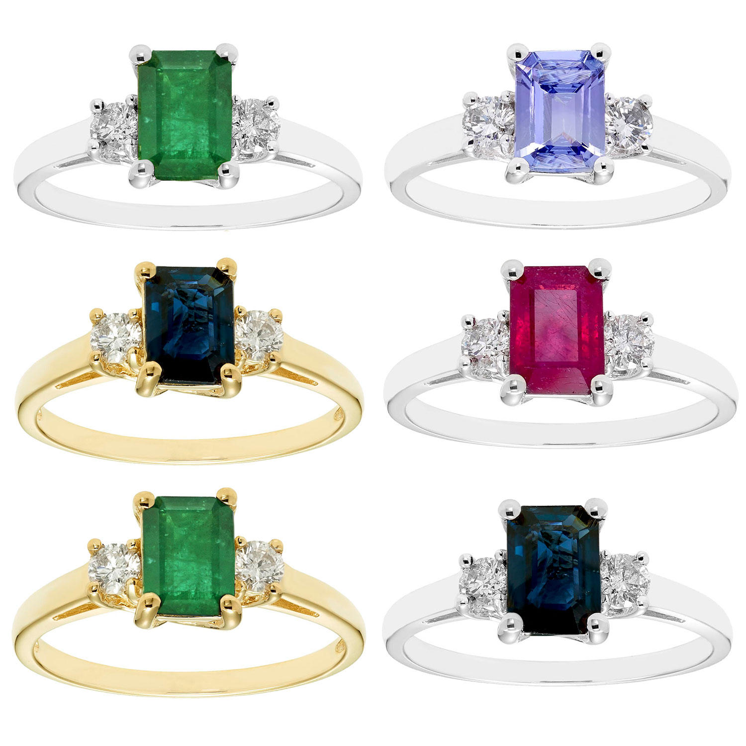 Three Stone Octogonal Ruby Ring with .20CT. T. W. Diamond Set in 14K White Gold 6:- Ruby, White Gold, 6