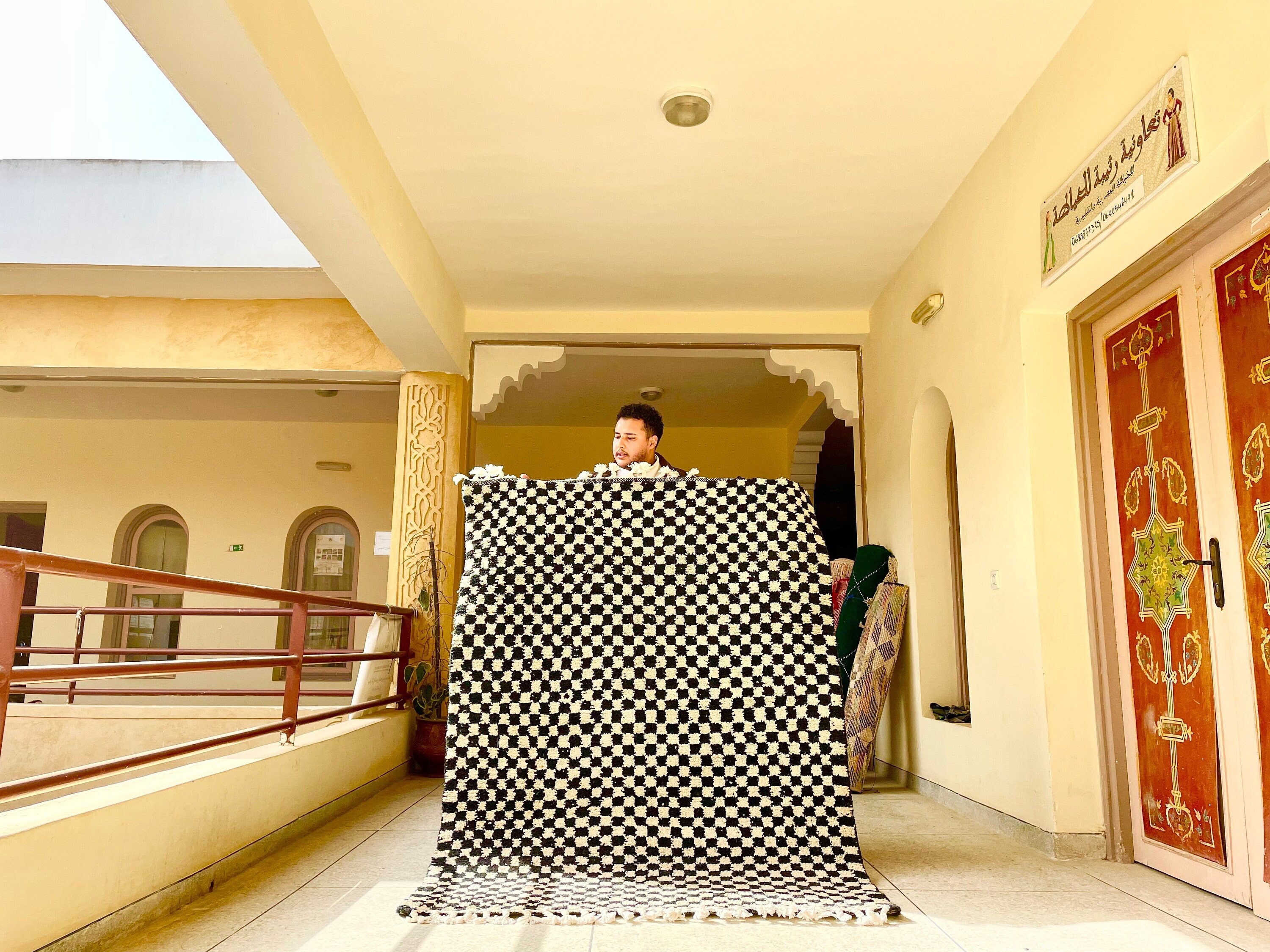 Wool Carpet, Beni Ourain Moroccan Rug, Custom Checkered Design, Black & White Rug, Handmade Berber Area Modern Rug