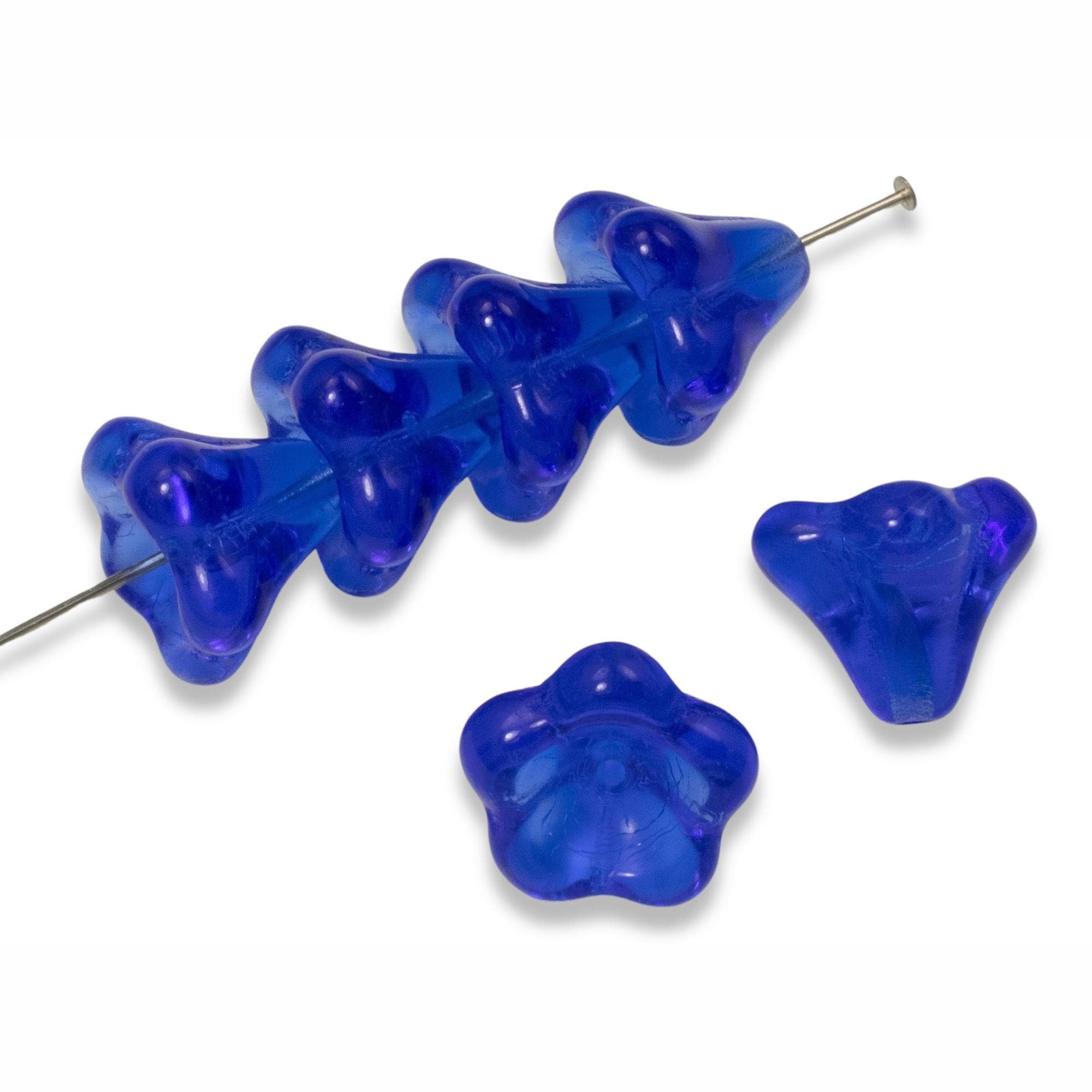 12 Sapphire Blue Bell Flower Beads, Czech Glass 11x13mm For Diy Jewelry & Crafts