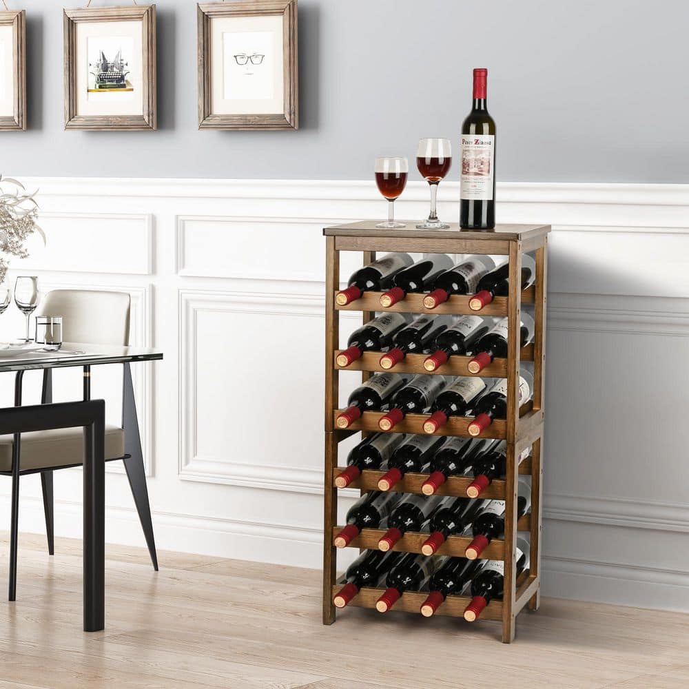 24-Botttle Walnut 15.9 in. W Bamboo Wine Rack, 6-Tier Freestanding Floor Wine Storage Shelves with Table Top
