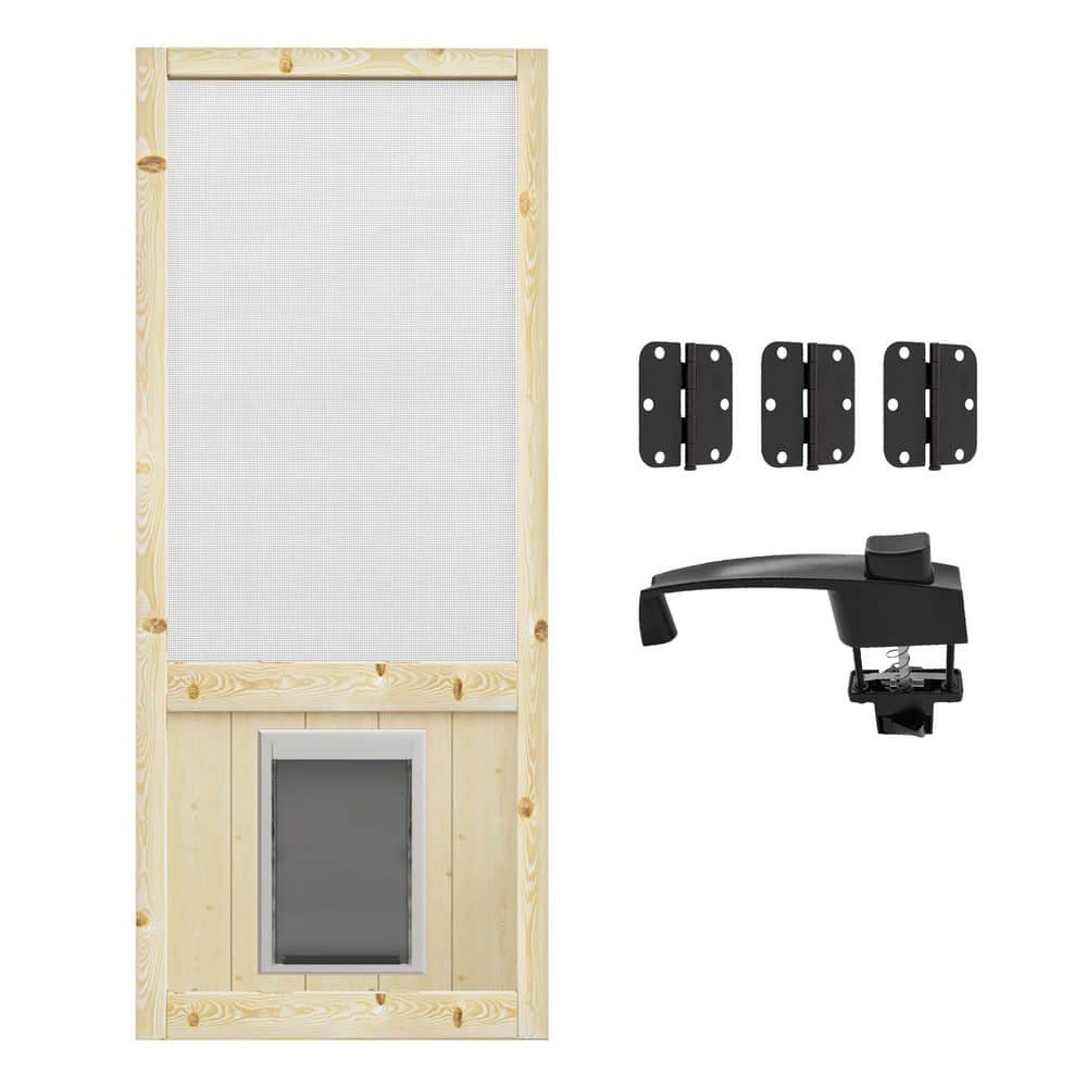 30 in. x 80 in. Universal Unfinished Pine Gauze Mesh Screen Door with Pet Access and Lock-Hinged Rustic Style