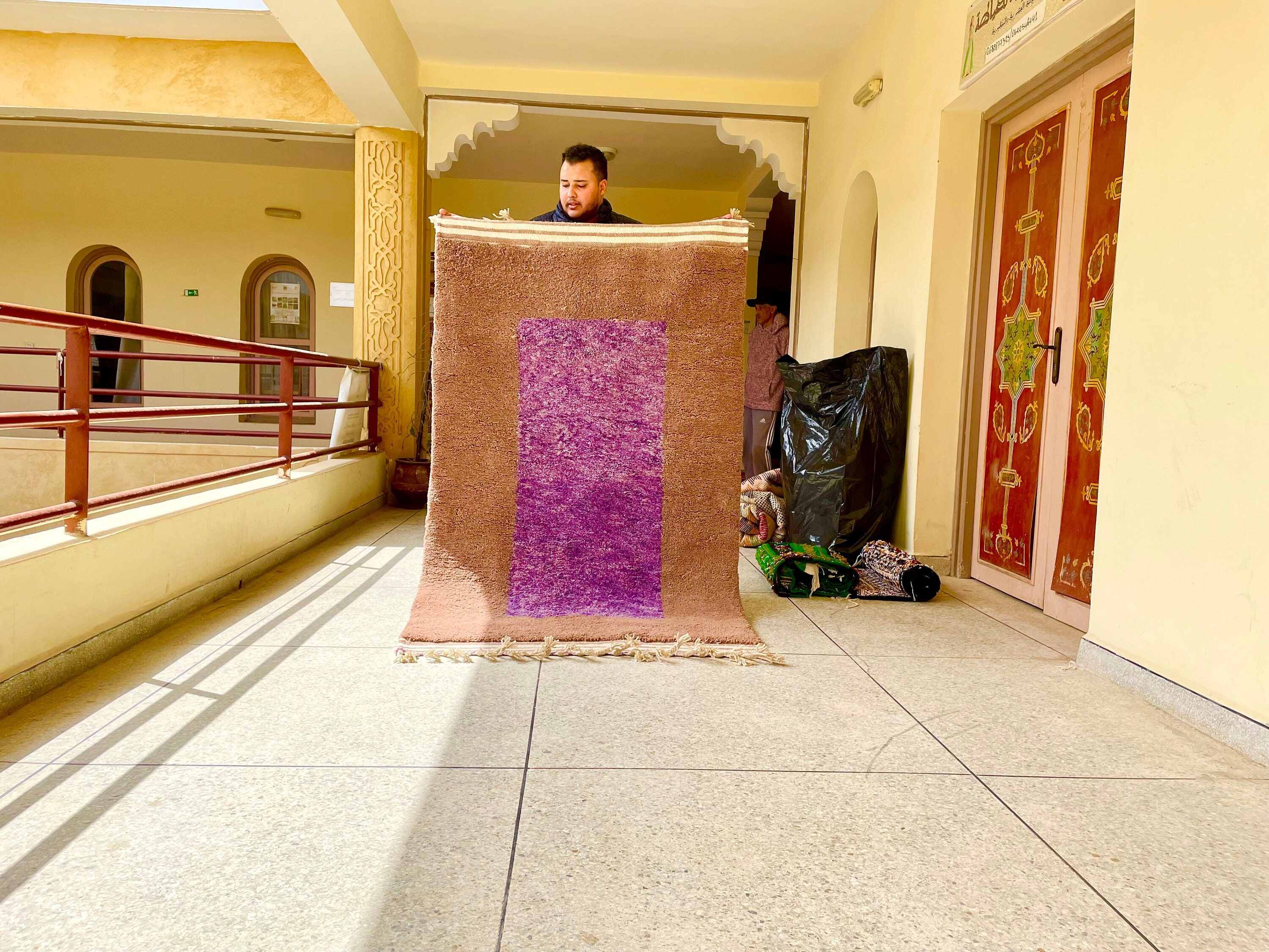 Cozy Beni Ourain Rug, Custom Moroccan Brown & Purple Abstract Carpet, Handmade Berber Minimalist Living Room Decor