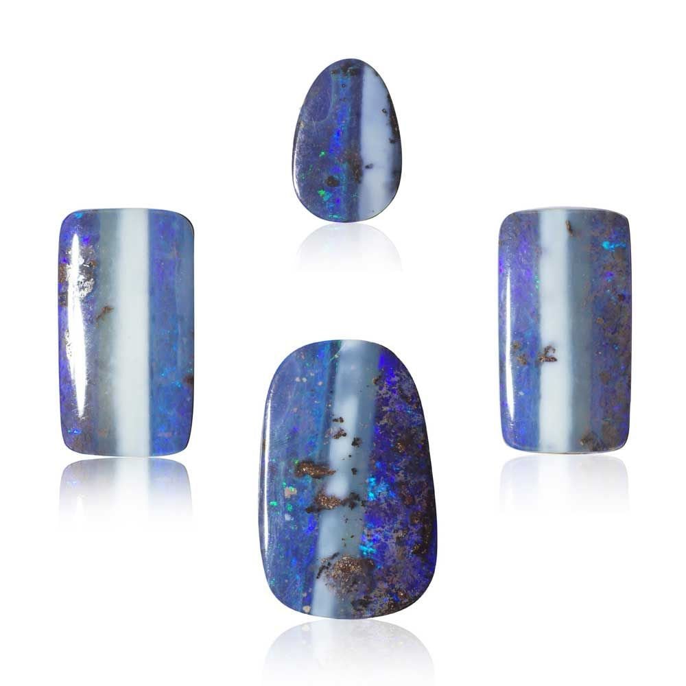 Matching Boulder Opal Set 26.2Ct Cabochons Blue White Stripy Gemstones For Beach Jewelry, Winton Australia Natural Stones 1861D001