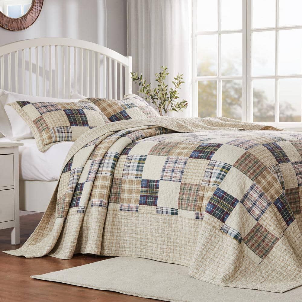 Oxford Plaid Taupe 3-Piece Cotton Blend Queen Jumbo Quilt Set