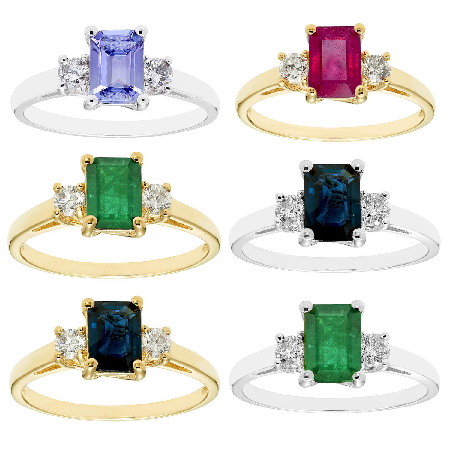 Three Stone Octogonal Ruby Ring with .20CT. T. W. Diamond Set in 14K Yellow Gold 9:- Ruby, Yellow Gold, 9