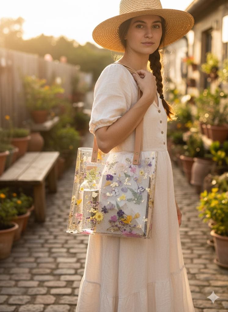 Wildflower Tote Bag Romantic Boho Handbag With Real Dried Flowers Natural Botanical Style Unique Gift For Woman European Premium