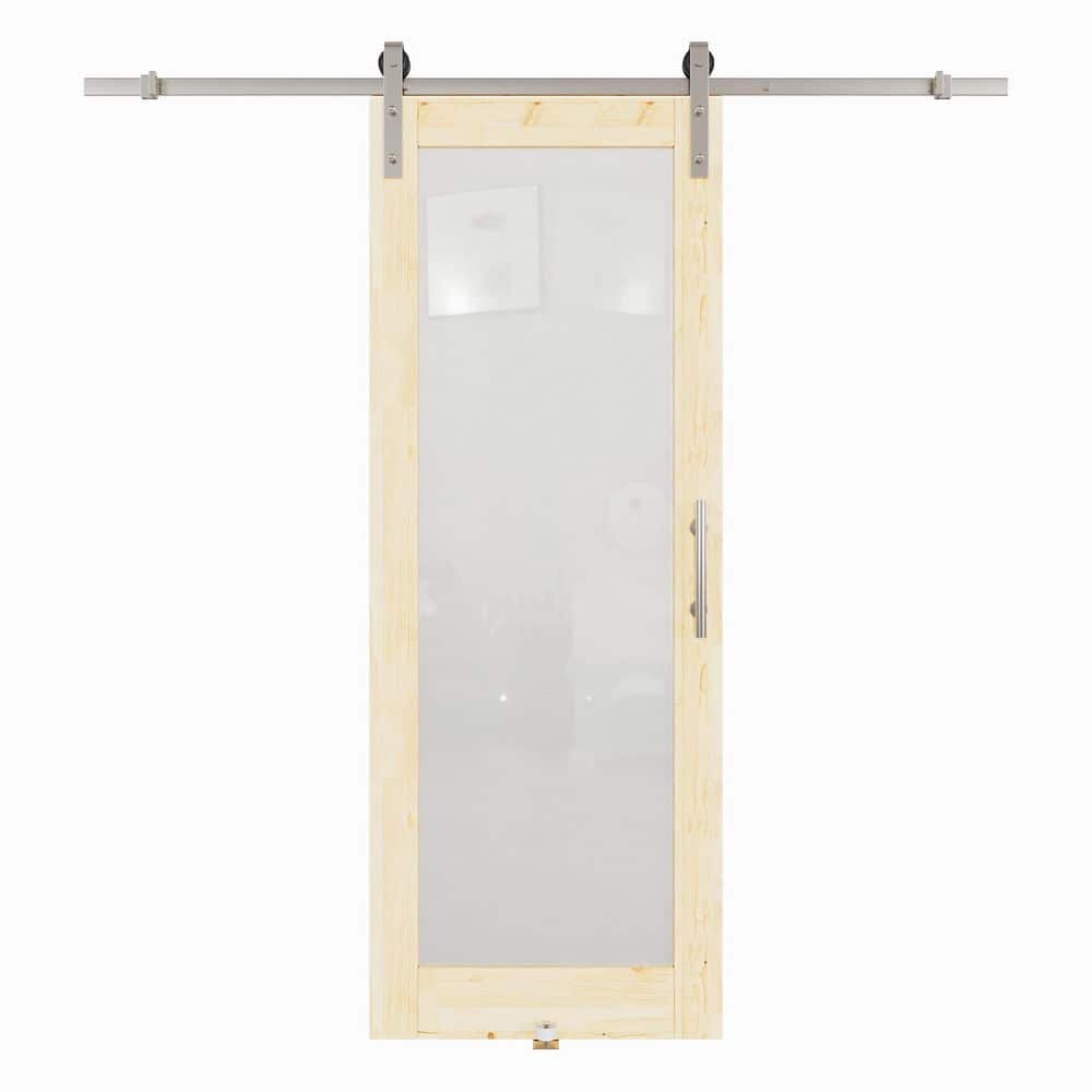 30 in. x 80 in. 1 Lite Frosted Glass Unfinished MDF Sliding Barn Door with Hardware Kit Nickel and Pantry Sticker