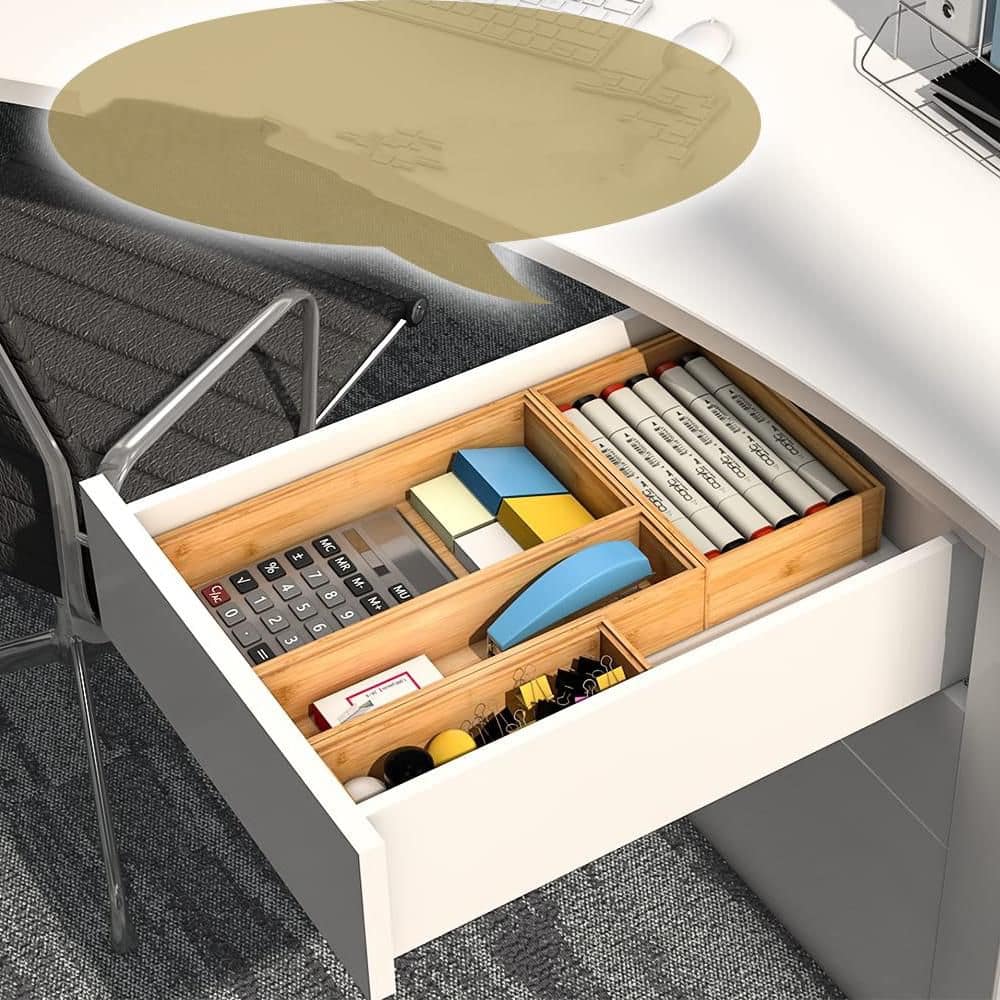 Bamboo Drawer Organizer, Stackable Silverware Tray Utensil Organizer Cutlery Holder for Kitchen, Wooden Storage Box