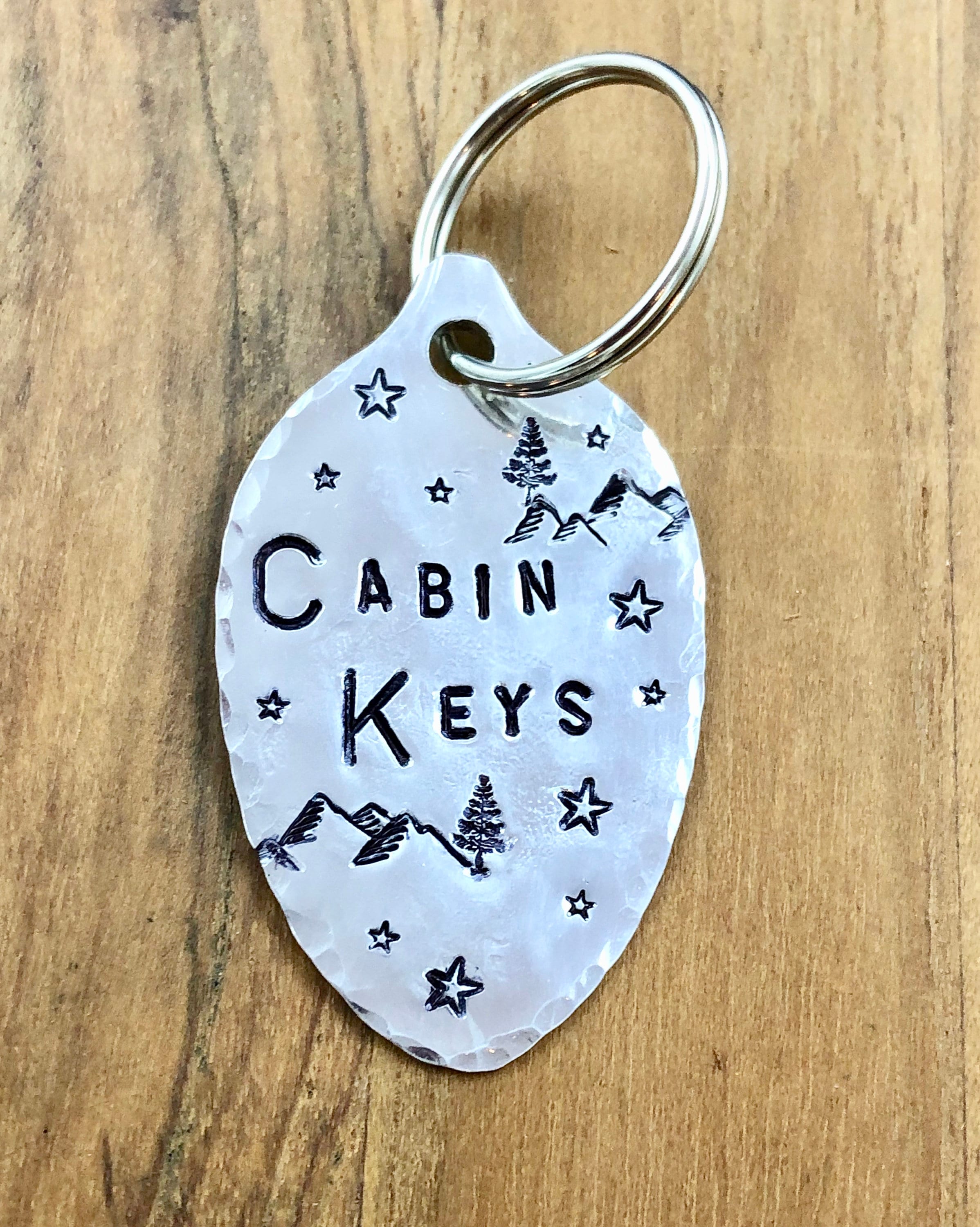 Cabin Keys Keychain Hand Stamped Mountains, Trees, Stars
