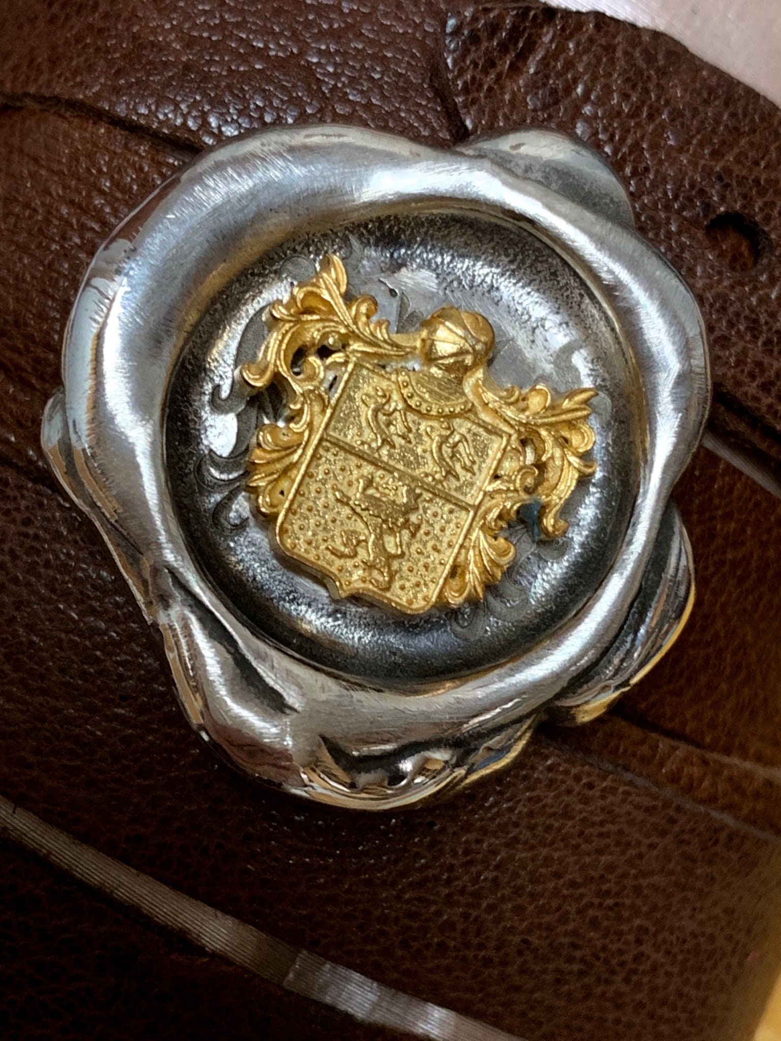 Custom Family Crest Leather Bracelet Sterling Silver & Gold Heraldic Jewelry