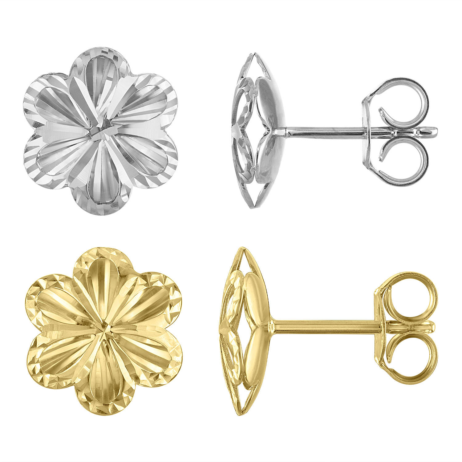 Diamond Cut Flower Stud Earrings in 14K Gold:- Yellow Gold