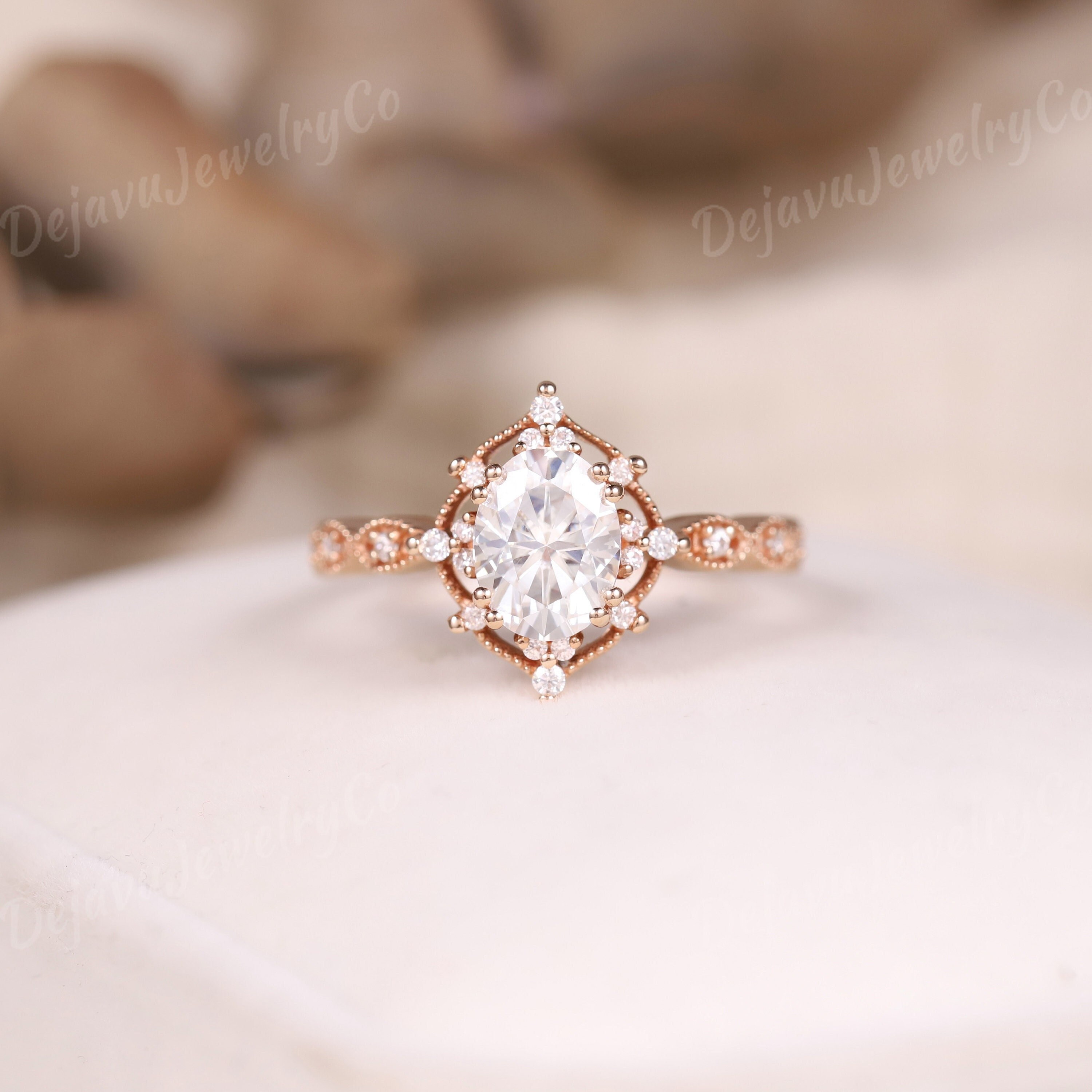 1.5Ct Oval Moissanite Engagement Ring Unique Art Deco Cluster Wedding Rose Gold Flower Bridal Promise For Her