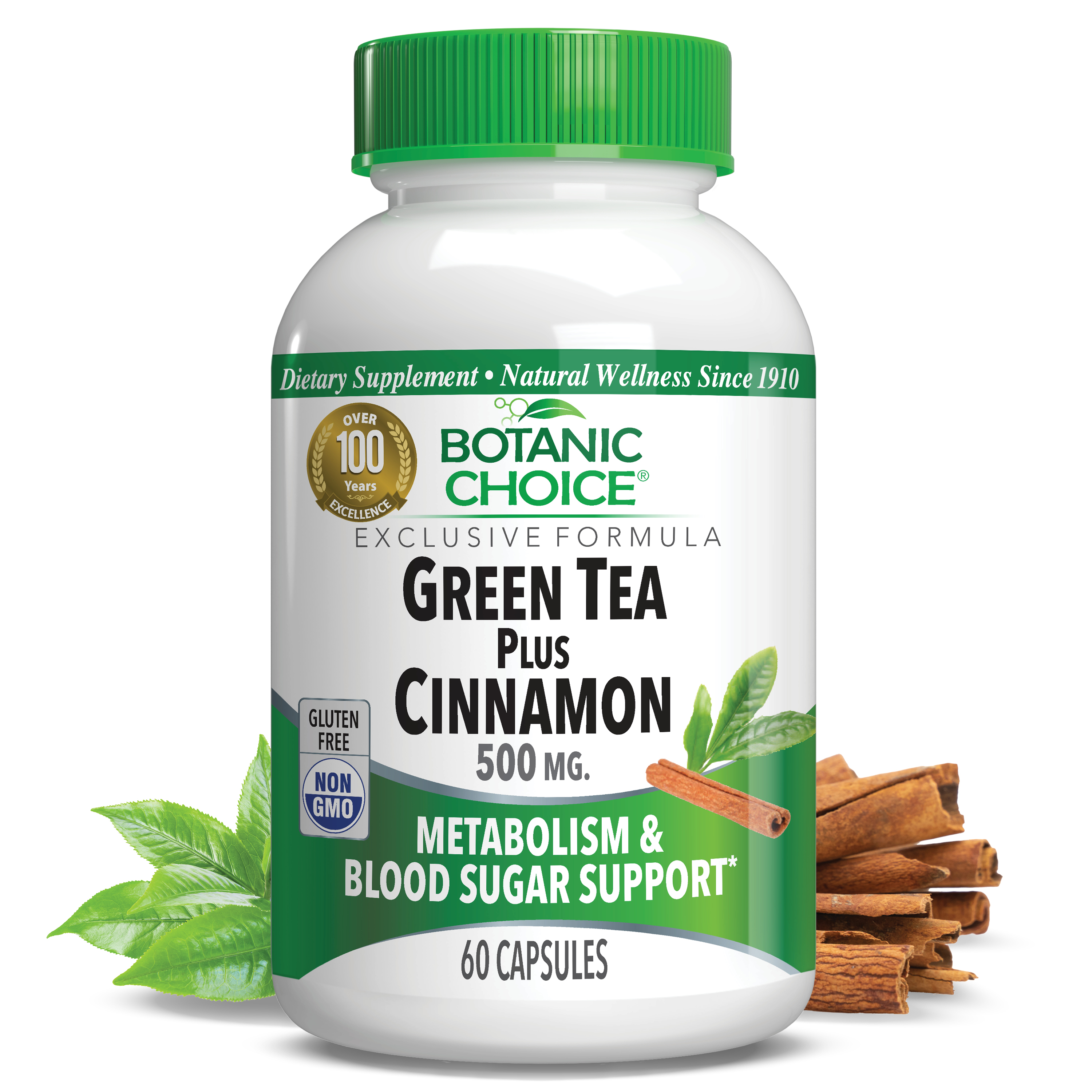 Green Tea Plus Cinnamon - Weight Loss & Blood Sugar Support Supplement - 60 Capsules