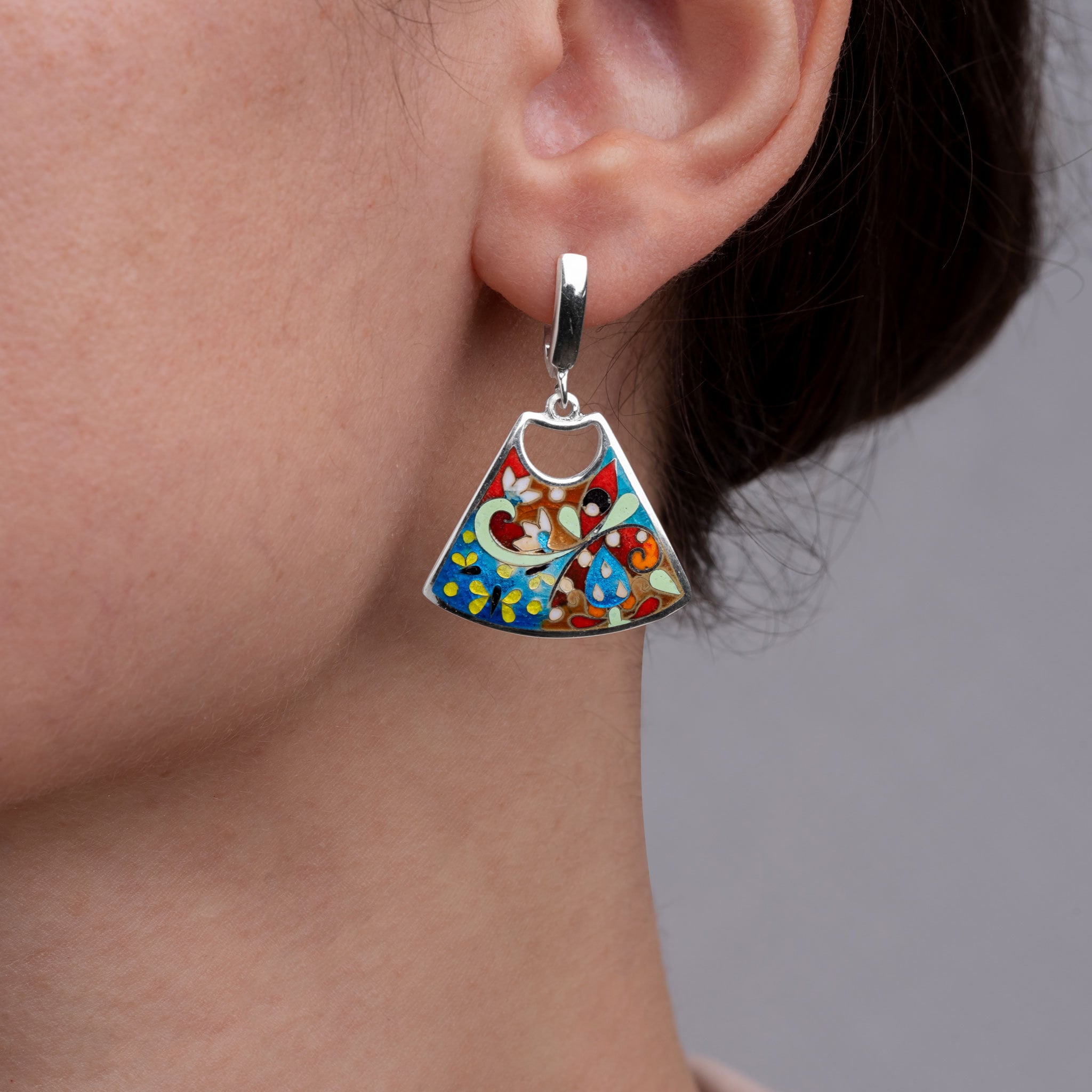 Handmade Butterfly Cloisonné Enamel Earrings - Sterling Silver Floral Jewelry