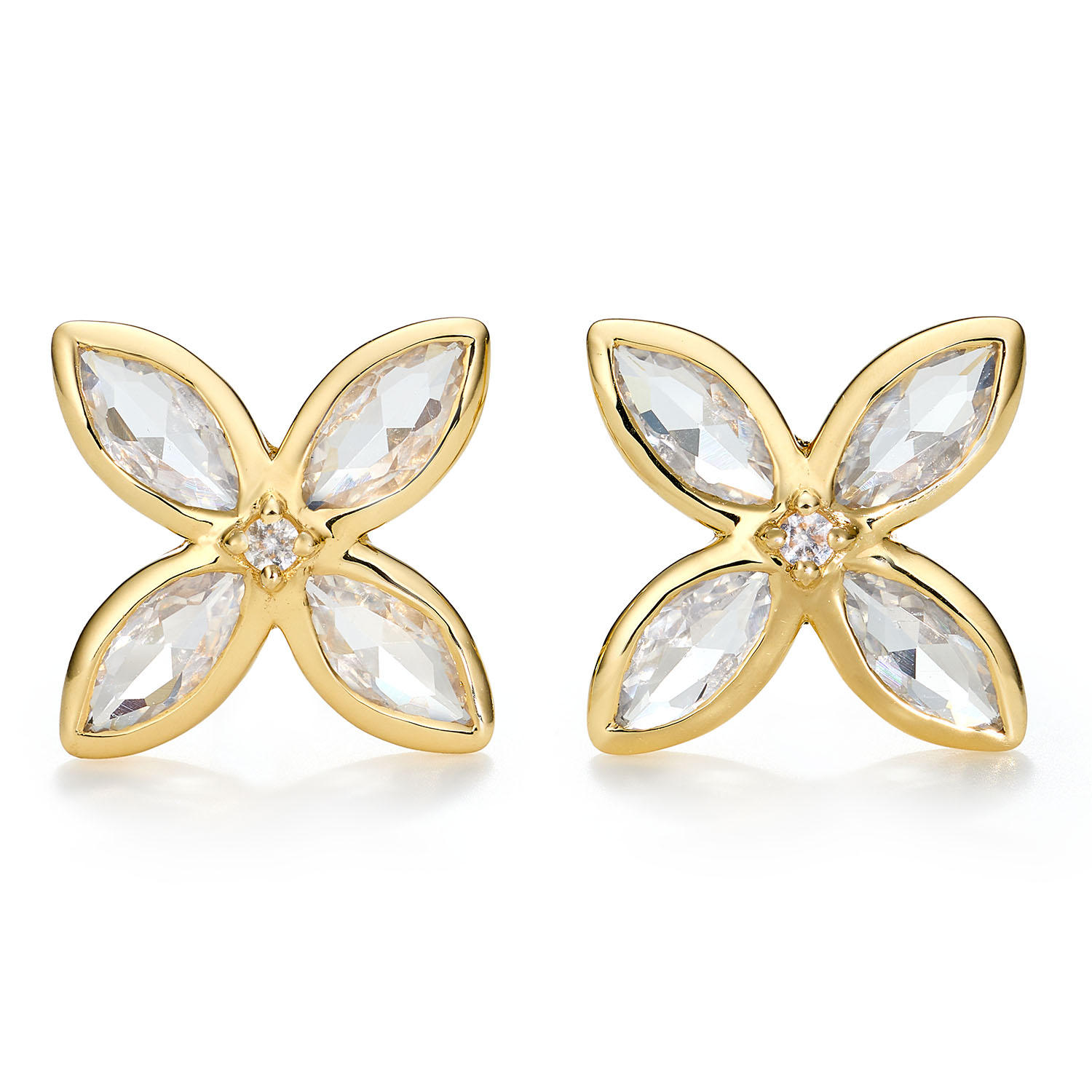 Lab White Sapphire Flower Earrings in 14K Yellow Gold