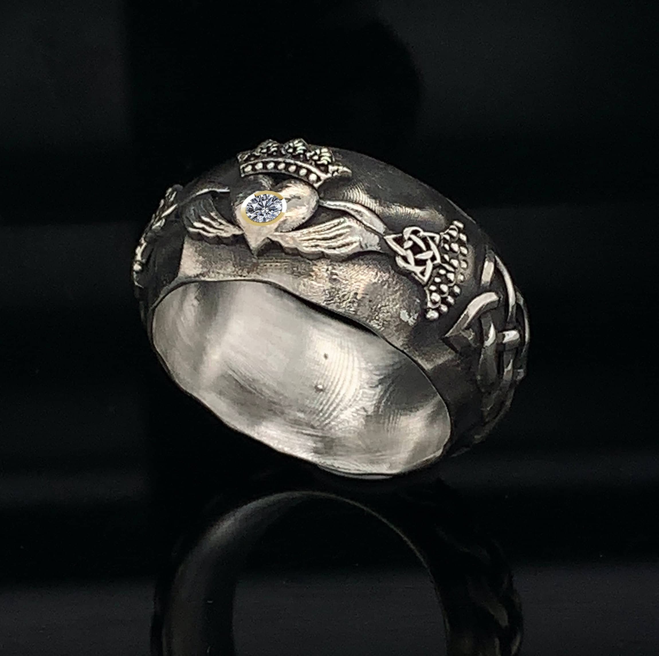 Oxidized Silver Diamond Claddagh Ring - Celtic Handmade Heirloom Band