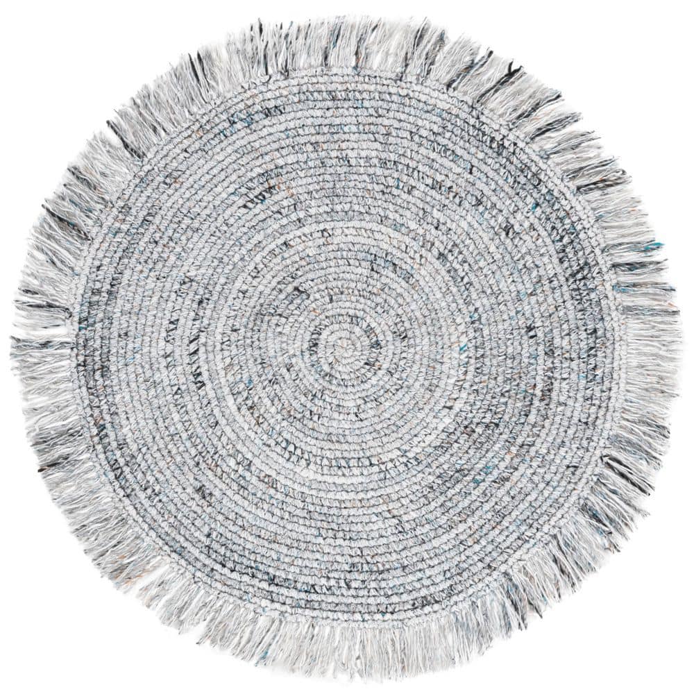 Renewal 3 ft. x 3 ft. Ivory/Black Woven Fringe Round Area Rug