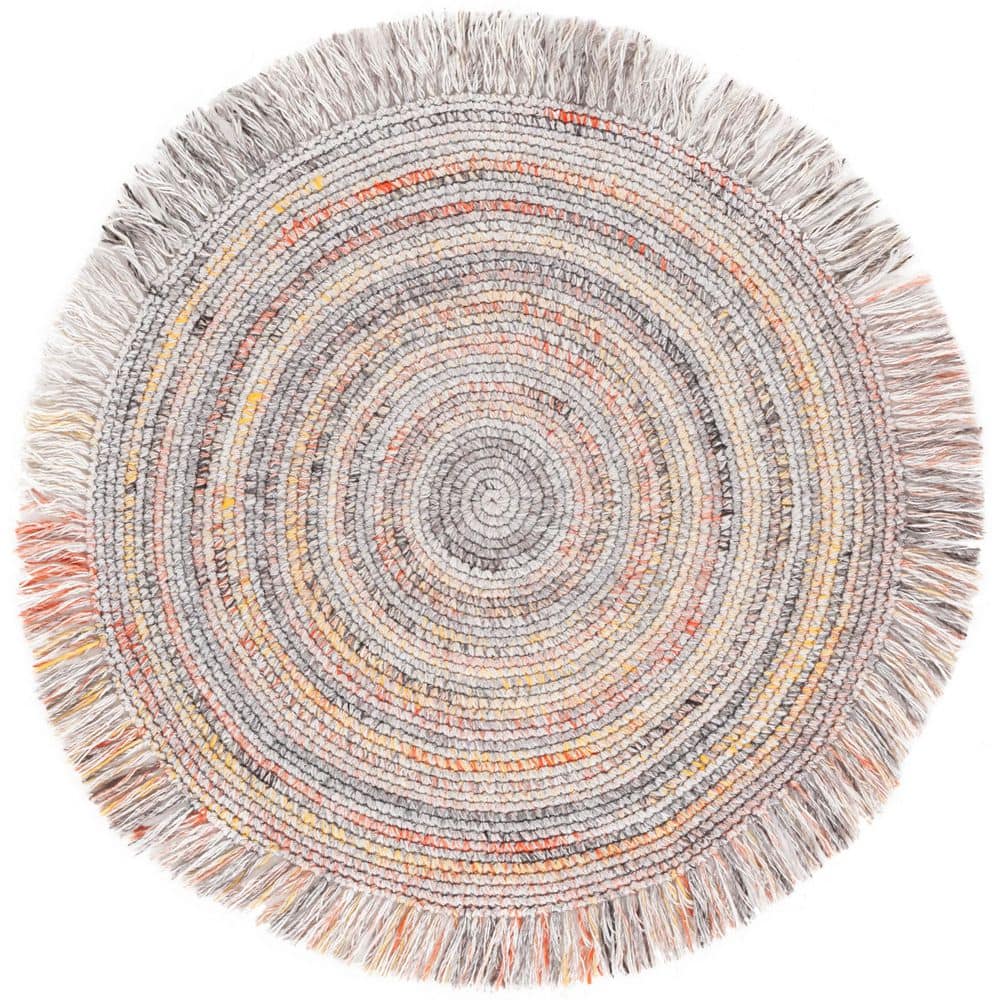 Renewal 4 ft. x 4 ft. Orange/Gray Woven Fringe Round Area Rug