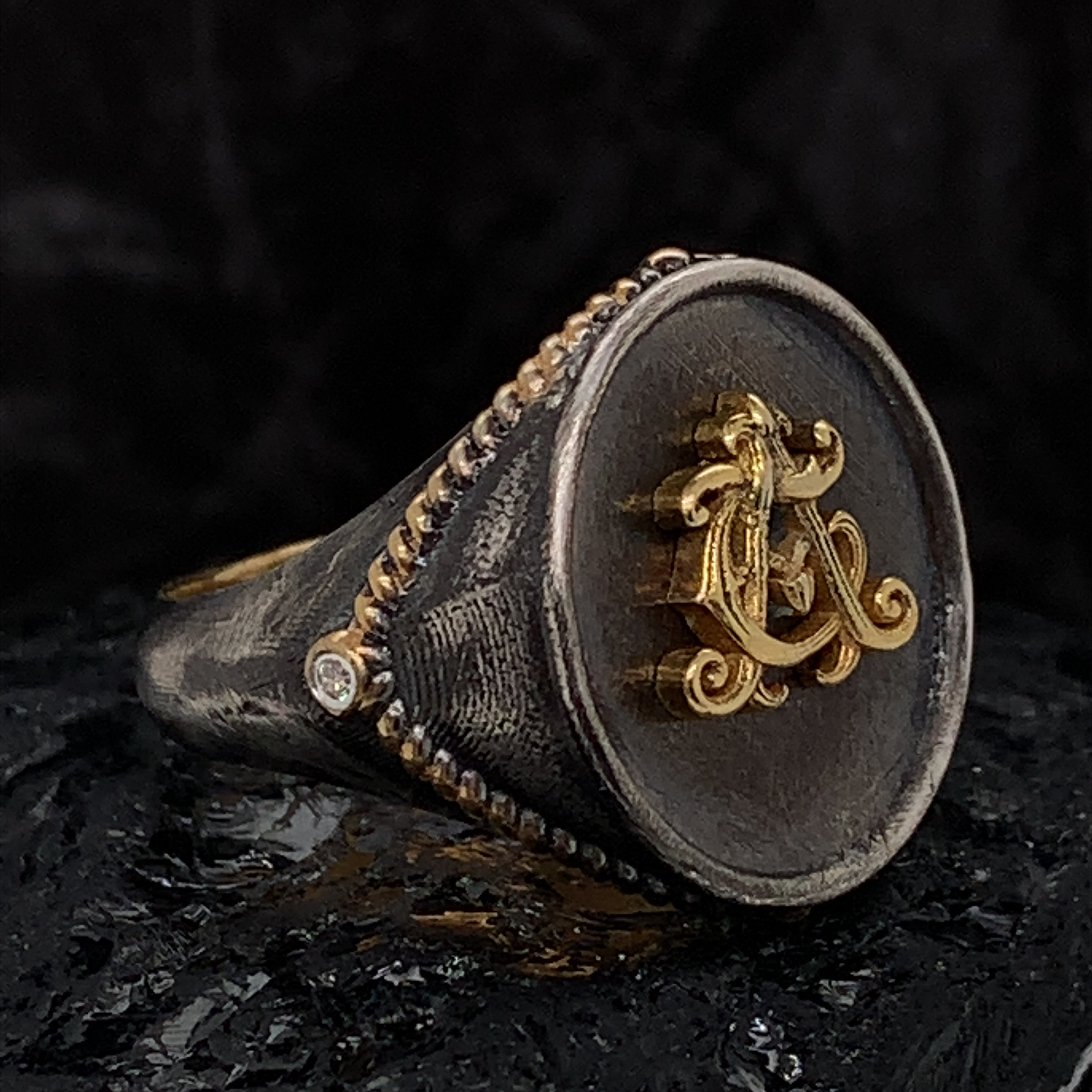 Victorian Monogram Signet Ring Oxidized Silver & Solid 18K Gold Personalized Initial Jewelry