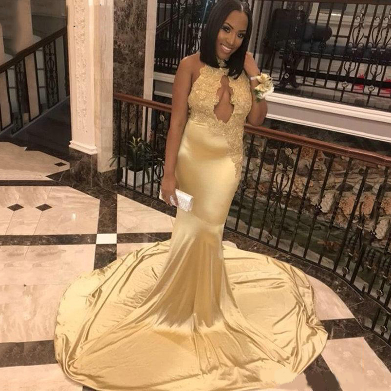 African Gold Halter Lace Appliques Mermaid Evening Dresses Sweep Train Backless Satin Formal Prom Party Gowns Robe De Soiree
