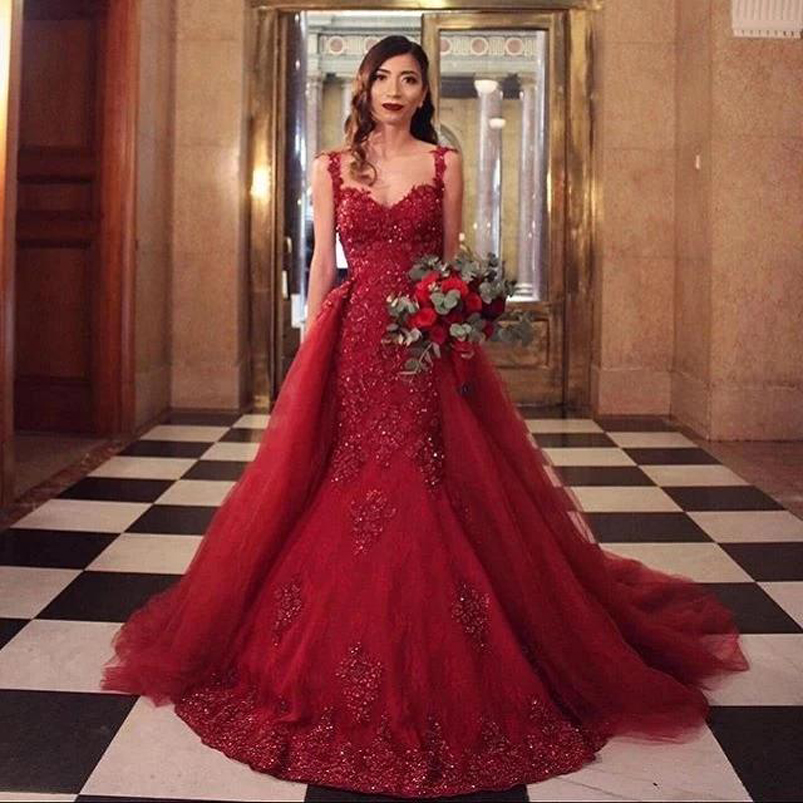 Burgundy Sweetheart Neck Lace Appliqued Mermaid Evening Dresses with Overskirt Beaded Sweep Train Corset Back Prom Gowns