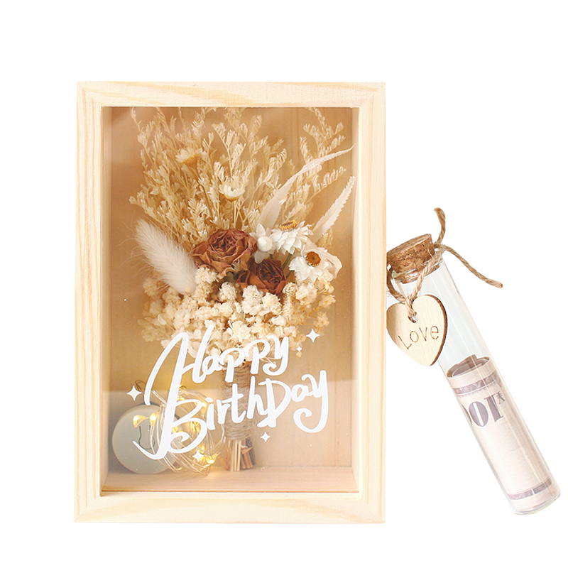 Custom Birthday Gift: Dried Flower Picture Frame DIY Display Stand Wooden Frame with Test Tube Lighting Dried Flower Gift