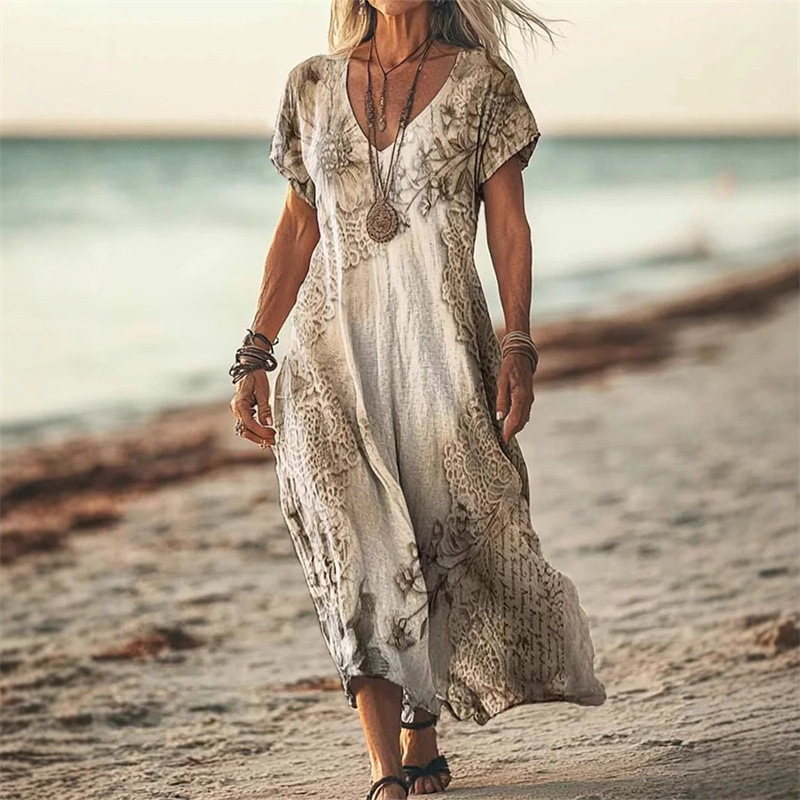 D6272New style printed summer loose new style V-neck short-sleeved dress v-neck