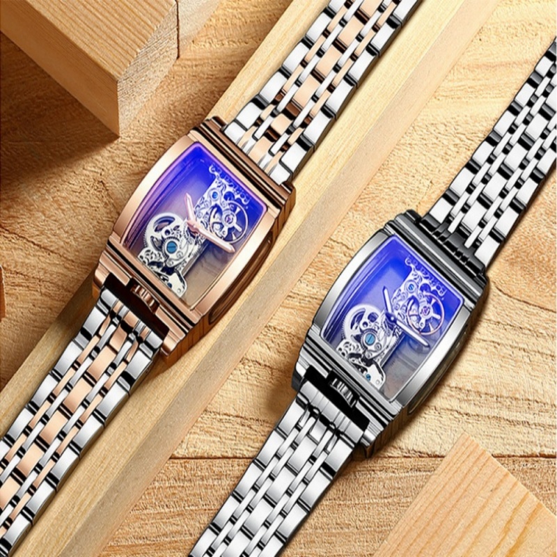 Desda's new barrel-shaped net celebrity watch square transparent full hollow flywheel mechanical waterproof watch
